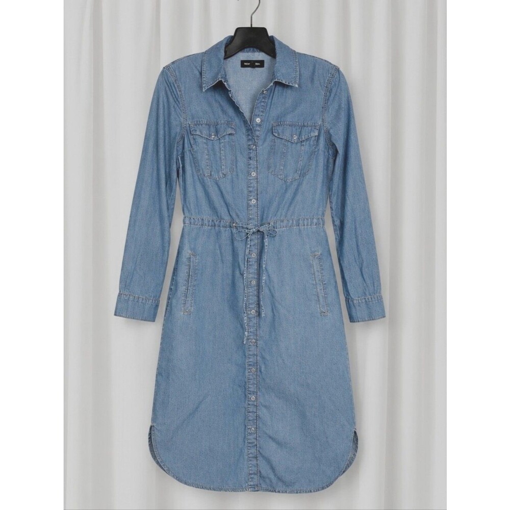 WearDenim Classic Light Wash Blue Denim Snap Front Tie Waist Western Shirt Dress